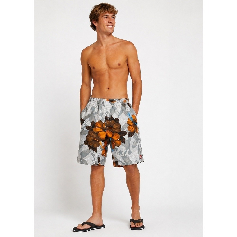 Quiksilver Board Swim Trunk Shorts Mens Small Grey Yellow Hawaiian Tropical